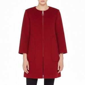 Zara Red Wool Collarless Coat Small Minimal Parisian Workwear Chic